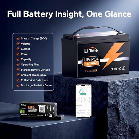LiTime 500A Smart Shunt، نطاق مراقبة بطارية بلوتوث 8V-120V، SOC، تنبيهات الإنذار، سجلات التاريخ، مراقبة التطبيقات للليثيوم، LFP، AGM، بطاريات الجل، مثالية للتخزين المنزلي RV/البحرية/الطاقة الشمسية in Kuwait