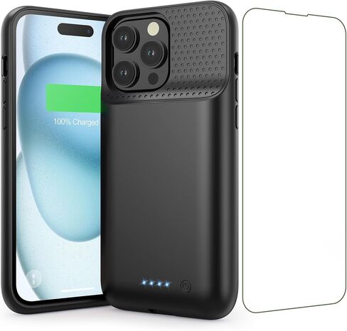 حافظة بطارية لهاتف iPhone 15 Pro Max، حافظة شحن واقية قوية للغاية بقدرة 8600 مللي أمبير في الساعة، غطاء شاحن بطارية قابل للتوسيع وقابل لإعادة الشحن بسرعة 15 وات لهاتف iPhone 15 Pro Max (6.7 بوصة) - أسود in Kuwait