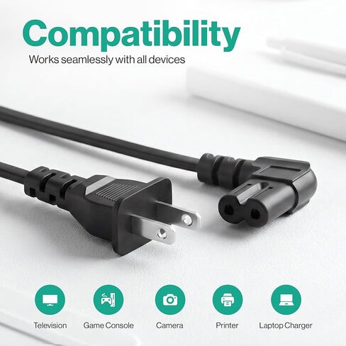 AC 90 Degree Right Angle 2 Prong TV Power Cord Replacement 5ft L Shaped Angled IEC C7 TV Cable for Samsung, LG, TCL, Hisense, Sony, Vizio, Insignia, Sharp, Toshiba in Kuwait