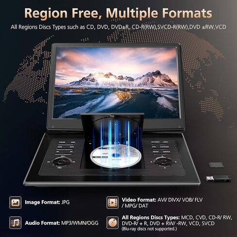 مشغل DVD محمول مقاس 17.9 بوصة للأطفال مع شاشة دوارة مقاس 15.6 بوصة، بطارية قابلة لإعادة الشحن لمدة 5 ساعات، مشغل DVD للسيارة مع مكبرات صوت مزدوجة عالية الحجم، جهاز تحكم عن بعد، دعم مزامنة التلفزيون، منطقة USB/SD/AV مجانية، أسود in Kuwait