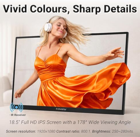 مشغل بلو راي محمول Krovatar مقاس 18.5 بوصة FHD IPS 1080P مع شاشة، يدعم تشغيل أقراص Blu-ray/DVD/CD، مدخل Type C وHDMI لمزامنة الهاتف/التبديل/الوسادة، تشغيل USB بحد أقصى 1 تيرابايت in Kuwait
