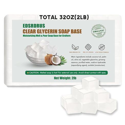 EDSRDRUS 2LB قاعدة صابون الجلسرين الشفاف DIY صابون يدوي الصنع مرطب يذوب ويصب قاعدة الصابون للصياغة، الجلسرين النباتي وزيت جوز الهند، سهل القطع، عبوة واحدة غير معطرة، 32 أونصة (2 رطل) in Kuwait