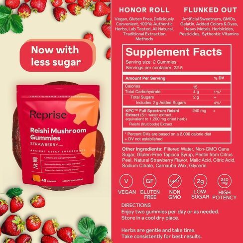 Reishi Mushroom Gummies - Adaptogenic Red Reishi Mushroom Supplement (Lingzhi, Ganoderma Lucidum) - All-Natural Immune Defense Support - Herbal Functional Mushroom Extract, Strawberry Flavor, 45 Count in Saudi Arabia