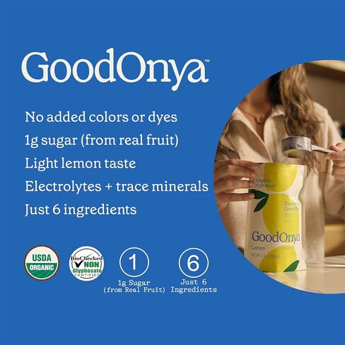 GOODONYA Organic Hydration Electrolyte Drink Mix, Certified Organic Hydration Powder, Non-GMO, Biochecked Glyphosate Free, Low Sugar, Lemonade Flavor, No Artificial Flavors, 20 Servings in Saudi Arabia