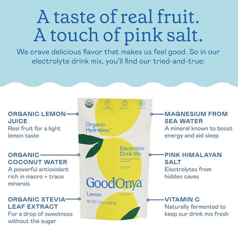 GOODONYA Organic Hydration Electrolyte Drink Mix, Certified Organic Hydration Powder, Non-GMO, Biochecked Glyphosate Free, Low Sugar, Lemonade Flavor, No Artificial Flavors, 20 Servings in Saudi Arabia