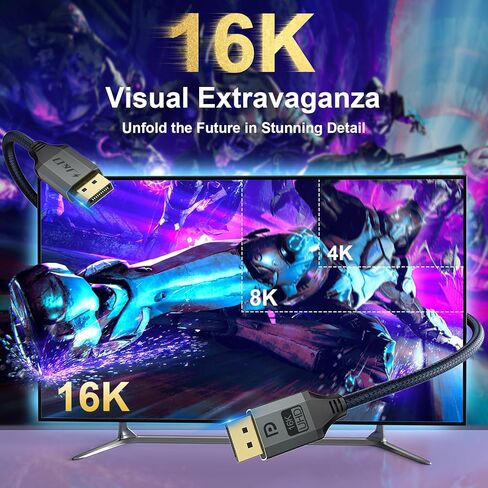 كابل J&D DisplayPort 2.1، معتمد من VESA، DP2.0 16K@60 هرتز، 8K@120 هرتز، 4K@240 هرتز، 165 هرتز، 144 هرتز، 40 جيجابت في الثانية، HDR، HDCP، DSC 1.2a، سلك DisplayPort مجدول نحاسي عالي السرعة، 6.6 قدم in Saudi Arabia