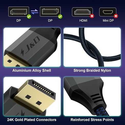 كابل J&D DisplayPort 2.1، معتمد من VESA، DP2.0 16K@60 هرتز، 8K@120 هرتز، 4K@240 هرتز، 165 هرتز، 144 هرتز، 40 جيجابت في الثانية، HDR، HDCP، DSC 1.2a، سلك DisplayPort مجدول نحاسي عالي السرعة، 6.6 قدم in Saudi Arabia