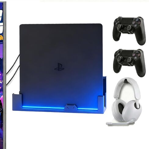 حامل حائط GETYEA لجهاز PS4 Slim مع 3 حوامل وحدات تحكم قابلة للفصل، ملحقات PS4، متوافق مع PlayStation 4 Slim (يثبت PS4 Slim بواسطة التلفزيون) in Kuwait