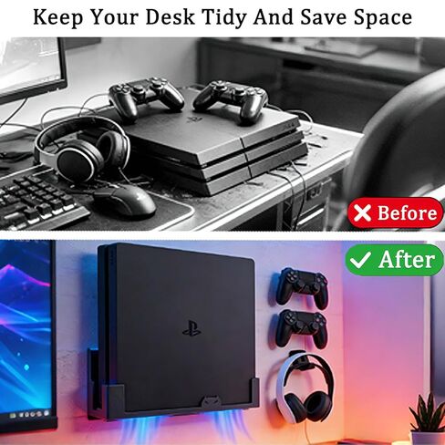 حامل حائط GETYEA لجهاز PS4 Slim مع 3 حوامل وحدات تحكم قابلة للفصل، ملحقات PS4، متوافق مع PlayStation 4 Slim (يثبت PS4 Slim بواسطة التلفزيون) in Kuwait
