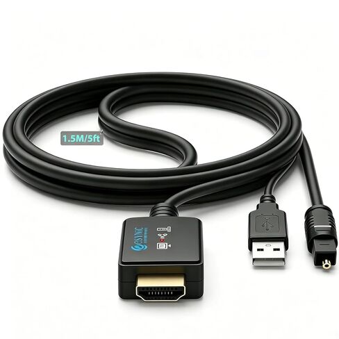 eSynic 192KHZ eARC to Optical Converter-Integrated Cable Designed-5 ft Long-USB Powerd eARC/ARC Audio Extractor-Plug& Play-Dolby5.1 & DTS 5.1 Formats-Only from HDTV to Optical Soundbar-No CEC in Saudi Arabia