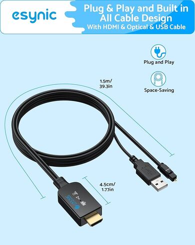 eSynic 192KHZ eARC to Optical Converter-Integrated Cable Designed-5 ft Long-USB Powerd eARC/ARC Audio Extractor-Plug& Play-Dolby5.1 & DTS 5.1 Formats-Only from HDTV to Optical Soundbar-No CEC in Kuwait