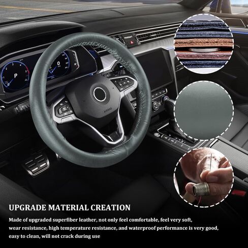 Genuine Leather Steering Wheel Cover, Stitch On Wrap, Hand Sewing Steering Wheel Cover with Needle Thread, Anti-Slip Car Steering Wheel Protector for Max Diameter 15 Inch (Gray, Hole) in Saudi Arabia