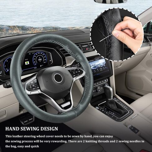 Genuine Leather Steering Wheel Cover, Stitch On Wrap, Hand Sewing Steering Wheel Cover with Needle Thread, Anti-Slip Car Steering Wheel Protector for Max Diameter 15 Inch (Gray, Hole) in Saudi Arabia