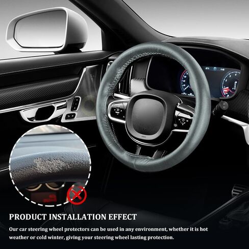 Genuine Leather Steering Wheel Cover, Stitch On Wrap, Hand Sewing Steering Wheel Cover with Needle Thread, Anti-Slip Car Steering Wheel Protector for Max Diameter 15 Inch (Gray, Hole) in Saudi Arabia