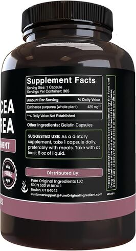 PURE ORIGINAL INGREDIENTS Echinacea Purpurea (365 Capsules) No Magnesium Or Rice Fillers, Always Pure, Lab Verified in Saudi Arabia