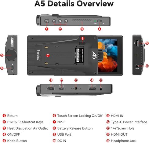 Desview Camera Monitor 4K HDMI HDR مع شاشة اللمس IPS و 3D LUT ، شاشة حقل الكاميرا DSLR/شاشة خارجية لإعداد موقع التصوير ، بيئة تصوير الاستوديو (5.5 بوصة شاشة) in Saudi Arabia