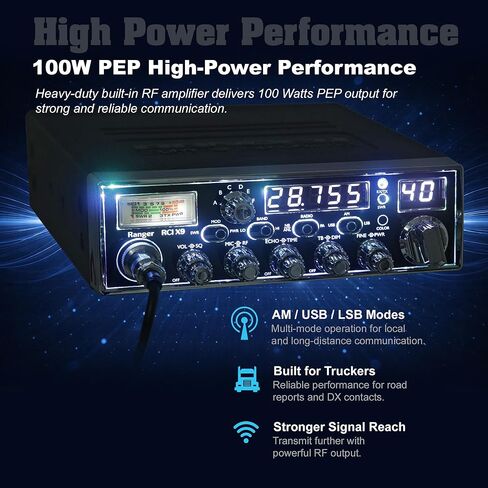 Ranger RCI-X9 راديو هواة عالي الطاقة 10 متر 100 وات PEP AM/SSB متعدد الأوضاع تعمل باللمس وإضاءة خلفية 7 ألوان SRA-198 ميكروفون ديناميكي لإلغاء الضوضاء ومشتت حراري مدمج وعداد تردد مراوح تبريد مزدوجة in Kuwait