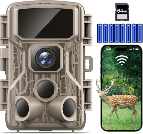 كاميرا Punvoe Trail WiFi 4K 64MP مع بطاقة ذاكرة 64 جيجابايت 8 بطاريات ورؤية ليلية Ip67 مقاومة للماء بزاوية واسعة 130 درجة وسرعة تشغيل 0.1 ثانية، مناسبة لاكتشاف الحياة البرية في الهواء الطلق ومراقبة كاميرا الألعاب in Kuwait