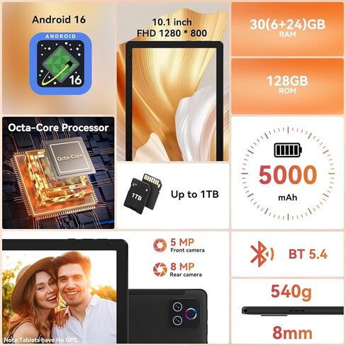 تابلت URAO، تابلت أندرويد 10.1 بوصة مع معالج ثماني النواة، ذاكرة الوصول العشوائي 30 جيجابايت، 128 جيجابايت روم HD IPS شاشة لمس 8H، واي فاي 6، BT 5.4، كاميرا مزدوجة، أندرويد 16 أجهزة لوحية 2026 in Kuwait