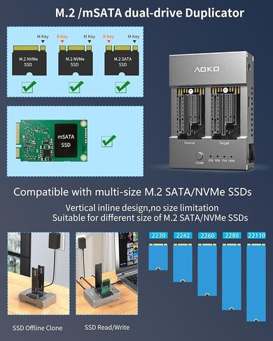 جهاز نسخ AOKO M.2/mSATA SSD، ناسخة PCIE NVMe/NGFF SSD، محطة إرساء USB C إلى NVMe SATA miniSATA، قارئ M.2 وغلاف لكليهما (مفتاح M، مفتاح B+M)، يدعم النسخ دون اتصال in Kuwait