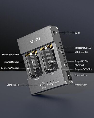 جهاز نسخ AOKO M.2/mSATA SSD، ناسخة PCIE NVMe/NGFF SSD، محطة إرساء USB C إلى NVMe SATA miniSATA، قارئ M.2 وغلاف لكليهما (مفتاح M، مفتاح B+M)، يدعم النسخ دون اتصال in Kuwait