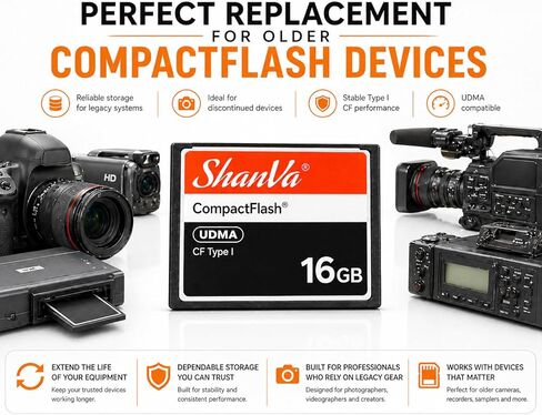 بطاقة ShanVa CompactFlash سعة 16 جيجابايت - بطاقة ذاكرة UDMA CF لكاميرات DSLR القديمة، والكاميرات الاحترافية، وكاميرات الفيديو عالية الدقة، والمعدات الصناعية وعينات الموسيقى in Kuwait