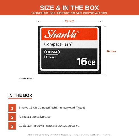 بطاقة ShanVa CompactFlash سعة 16 جيجابايت - بطاقة ذاكرة UDMA CF لكاميرات DSLR القديمة، والكاميرات الاحترافية، وكاميرات الفيديو عالية الدقة، والمعدات الصناعية وعينات الموسيقى in Kuwait