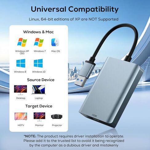 محول WENTER USB إلى HDMI، كابل محول USB 3.0 HDMI لرسومات الصوت والفيديو لشاشة الكمبيوتر المحمول وتلفزيون سطح المكتب، متوافق مع نظام التشغيل Mac OS، Windows 10/8.1/8/7 in Saudi Arabia