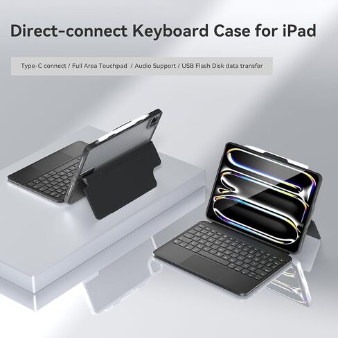 حافظة لوحة مفاتيح ZhaoCo Direct-Connect لجهاز iPad الجيل العاشر 10.9 بوصة والجيل الحادي عشر 11 بوصة، اتصال سلكي USB-C مع لوحة لمس كاملة المنطقة، دعم صوت USB-C in Kuwait