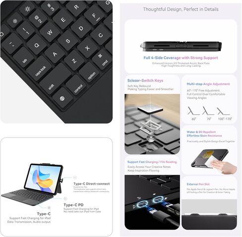 حافظة لوحة مفاتيح ZhaoCo Direct-Connect لجهاز iPad الجيل العاشر 10.9 بوصة والجيل الحادي عشر 11 بوصة، اتصال سلكي USB-C مع لوحة لمس كاملة المنطقة، دعم صوت USB-C in Kuwait
