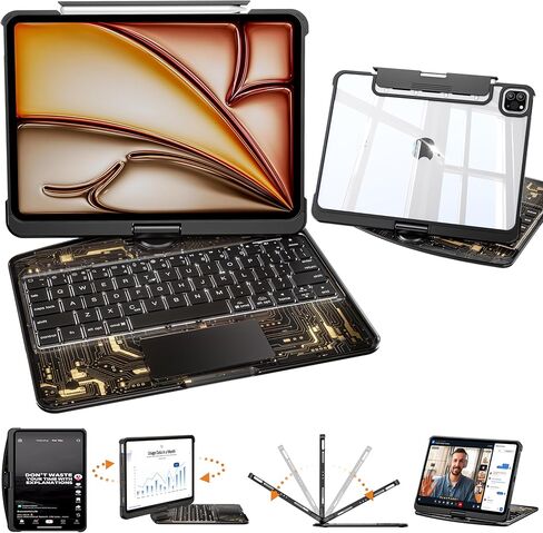 حافظة لوحة مفاتيح شفافة لجهاز iPad Air 13 بوصة (M4 2026/M3 2025/M2 2024) وiPad Pro 12.9 بوصة (الجيل السادس/الخامس/الرابع/الجيل الثالث) - لوحة تتبع متعددة اللمس، حامل دوار 360 درجة، إضاءة خلفية 7 ألوان، حامل أقلام، أسود in Kuwait