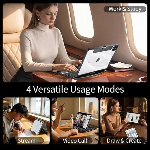 حافظة لوحة مفاتيح شفافة لجهاز iPad Air 13 بوصة (M4 2026/M3 2025/M2 2024) وiPad Pro 12.9 بوصة (الجيل السادس/الخامس/الرابع/الجيل الثالث) - لوحة تتبع متعددة اللمس، حامل دوار 360 درجة، إضاءة خلفية 7 ألوان، حامل أقلام، أسود in Kuwait