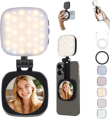 ضوء سيلفي مغناطيسي، متوافق مع هاتف MagSafe iPhone، CRI 95، 5 أوضاع ألوان، ضوء هاتف LED قابل لإعادة الشحن مع مرآة، ضوء حلقة محمول لتسجيل فيديو تصوير فوتوغرافي لمكياج Vlog، أسود in Kuwait