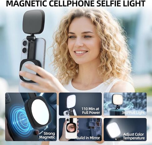 ضوء سيلفي مغناطيسي، متوافق مع هاتف MagSafe iPhone، CRI 95، 5 أوضاع ألوان، ضوء هاتف LED قابل لإعادة الشحن مع مرآة، ضوء حلقة محمول لتسجيل فيديو تصوير فوتوغرافي لمكياج Vlog، أسود in Kuwait