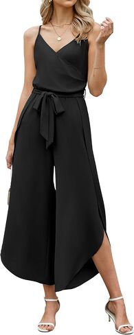 ECOWISH Women Long Pants Jumpsuit: Spaghetti Strap Casual Loose Wide Leg Romper Summer V Neck Flowy Solid Overalls with Belt 384 Yellow M in Kuwait
