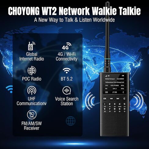 CHOYONG WT2 Network Walkie Talkie، راديو طويل المدى ثنائي الاتجاه مع استقبال FM/AM/SW، اتصال مجموعة WiFi/4G POC، بحث صوتي GPT، بطارية قابلة للشحن 2500 مللي أمبير في الساعة، أسود in Kuwait
