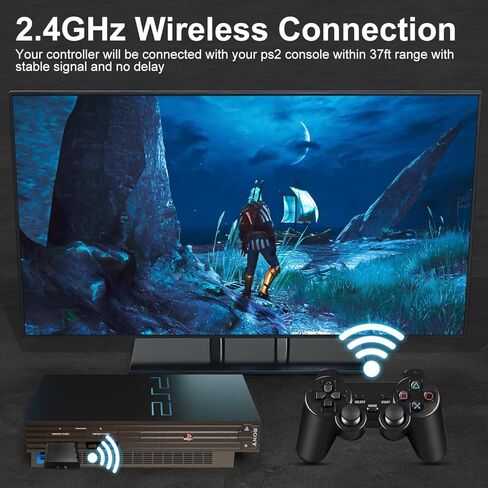 وحدة تحكم ADHJIE PS2، عبوتان وحدة تحكم لاسلكية 2.4 جيجا هرتز لجهاز PS2/PS2 Slim/PS1، وحدة تحكم بديلة PS2 لاسلكية، اهتزاز مزدوج، أسود in Kuwait