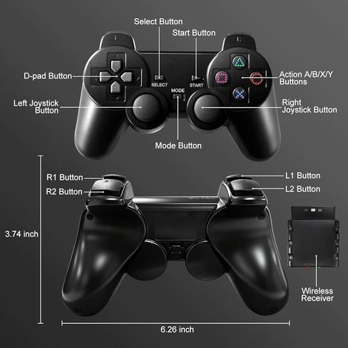 وحدة تحكم ADHJIE PS2، عبوتان وحدة تحكم لاسلكية 2.4 جيجا هرتز لجهاز PS2/PS2 Slim/PS1، وحدة تحكم بديلة PS2 لاسلكية، اهتزاز مزدوج، أسود in Kuwait