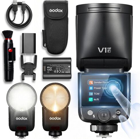 فلاش Godox V1 MID C لكاميرا Canon، شاشة لمس Speedlite مستديرة الرأس 55 وات، ترقية 24 مم، 650+منبثقات طاقة كاملة، إعادة تدوير 1.7 ثانية، TTL/HSS 1/8000s V1MID فلاش سفر خفيف الوزن لـ EOS R5 R6II R8 R50 يناسب AK-R1 in Kuwait