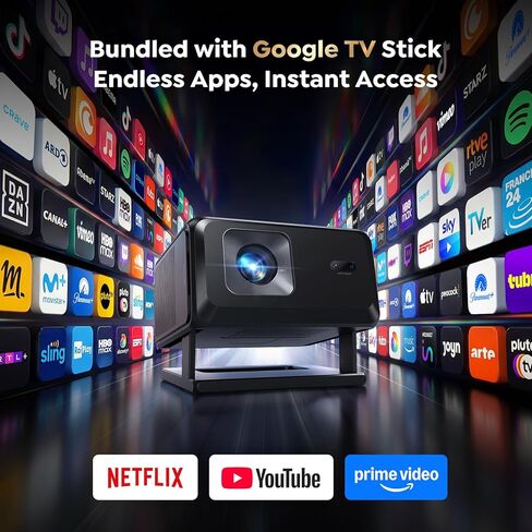 جهاز عرض ذكي [مرفق مع Google TV Stick ودعم 4K] مع واي فاي وبلوتوث، جهاز عرض صغير محمول للأفلام القصيرة في الهواء الطلق مع تطبيقات مدمجة للتركيز التلقائي لسقف غرفة النوم والمسرح المنزلي in Kuwait