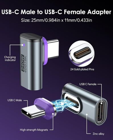 A.S 240W Magnetic Right Angle USB C Adapter(2 Pack), USB4 40Gbps 8K@60Hz Magnetic Type C Extender, USB C to USB C Adaptor 24-Pin USB C 90 Degree Adapter for Steam Deck, Switch, PC, Tablet, Phone 16 17 in Kuwait