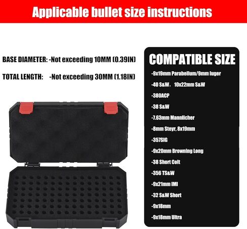 حقيبة تخزين الذخيرة تحمل 105 طلقة، صندوق ذخيرة متوافق مع 380 ACP، 9 مم لوغر، 30 لوغر، 9 مم ماكاروف، 32 S&W. (أحمر) in Kuwait