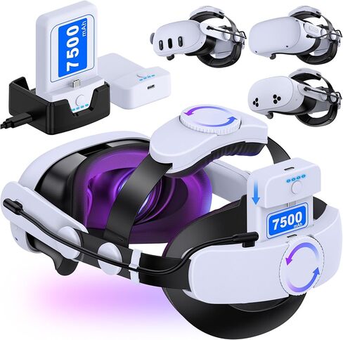 Head Strap for Meta Quest 3/3S/2, Adjustable Elite Strap with 7500mAh Detachable & Hot-Swappable Battery, Enhanced Support & Comfort, VR Headset Strap for Oculus, Extends 3–4H Playtime in Saudi Arabia
