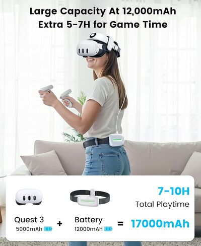 حزمة بطارية حزام الخصر Kawaye VR لـ Meta Quest 3S/3/2، حزمة بطارية قابلة للارتداء بقدرة 12000 مللي أمبير في الساعة مع حزام مغناطيسي، مخرج 20 وات، وقت تشغيل ممتد 5-7 ساعات لسماعة Oculus VR-MQ0001 in Kuwait