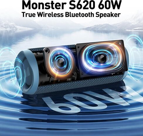 مكبر صوت بلوتوث مونستر S620، مكبرات صوت بلوتوث لاسلكية محمولة في الهواء الطلق، 60 وات ستيريو لاسلكي حقيقي IPX8 مقاوم للماء، اقتران مزدوج بلوتوث 5.4 ميكروفون مدمج، مثالي للمنزل، أزرق in Kuwait