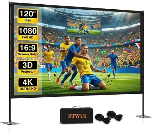 شاشة عرض خارجية STWUI مع حامل - شاشة عرض محمولة 120 بوصة، شاشات عرض داخلية وخارجية 16:9 4K HD شاشة أفلام خفيفة الوزن خالية من التجاعيد مع حقيبة حمل، ليالي فيلم Enioy in Kuwait