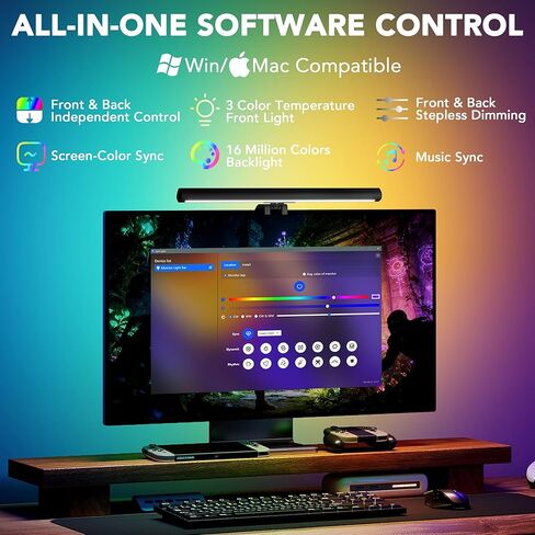 شريط إضاءة ذكي للشاشة مع إضاءة خلفية RGB، ومزامنة الشاشة والموسيقى التي يتم التحكم فيها بواسطة البرامج، وأضواء شاشة LED للألعاب والعمل مع 16 مليون لون و18 وضعًا - 16 بوصة in Kuwait