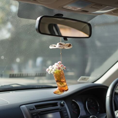 Rear View Mirror Accessories - 3D Pink Wildflower Cowboy Boot Ornament Western Car Charm for Rearview Mirrors Hanging Pendant Auto Interior Decor Country Girl Gifts for Women Cowgirl Birthday in Saudi Arabia