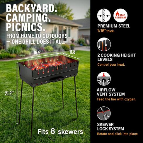MHH Charcoal Grill for 8 Skewers - Portable Barbecue 16.9""×11.8""×21,2"" Kabob Camp Grills - Foldable Metal Mangal - Kebab Shish - BBQ for EDC Picnic Outdoor Cooking (Skewers Not Included) in Saudi Arabia