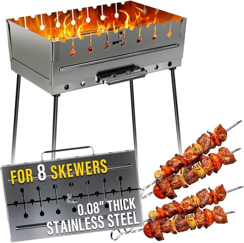 MHH Charcoal Grill for 8 Skewers - Portable Barbecue 16.9""×11.8""×21,2"" Kabob Camp Grills - Foldable Metal Mangal - Kebab Shish - BBQ for EDC Picnic Outdoor Cooking (Skewers Not Included) in Saudi Arabia